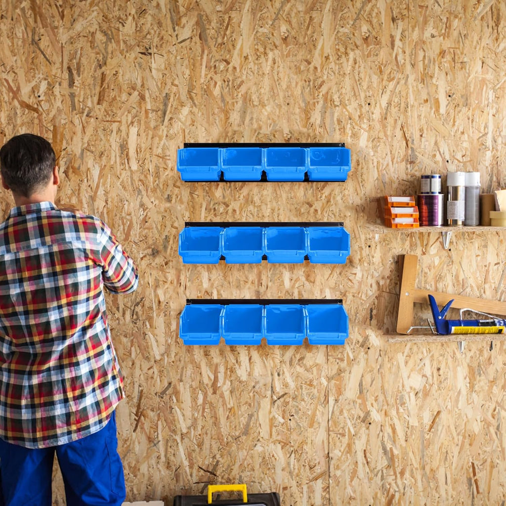Ultrawall Wall Mounted Storage Bins - Plastic Organizer for Garage Tools | 12 Bins & 3 Rails, Blue