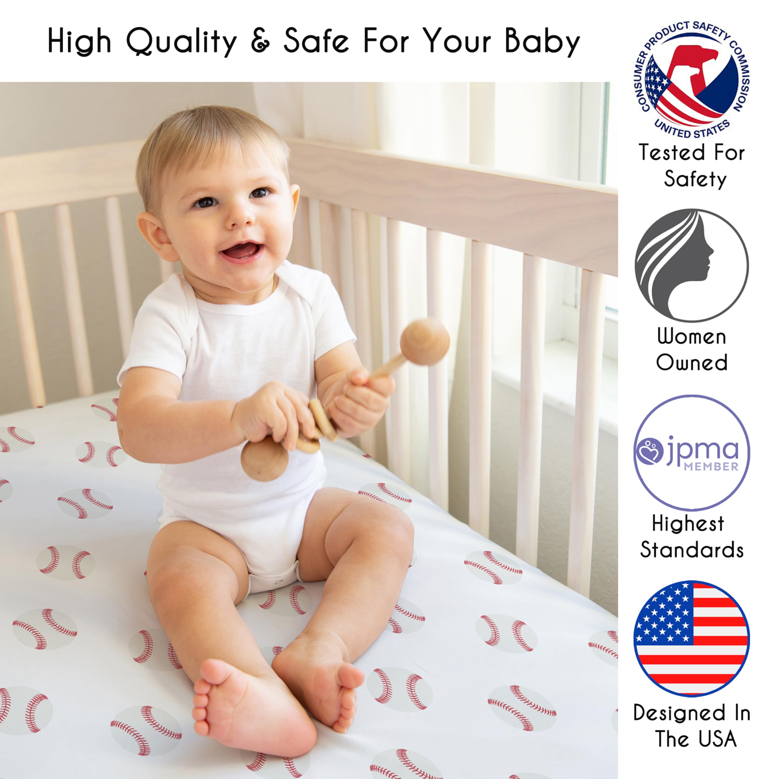 Sweet Jojo Designs 2-Piece Baby Crib Sheets Set (Red and White Baseballs) for Boys, Infant Nursery, Toddler Room - Fitted, Standard Size (Sport, Americana, Classic, Athlete, Sports Theme, Base Ball)