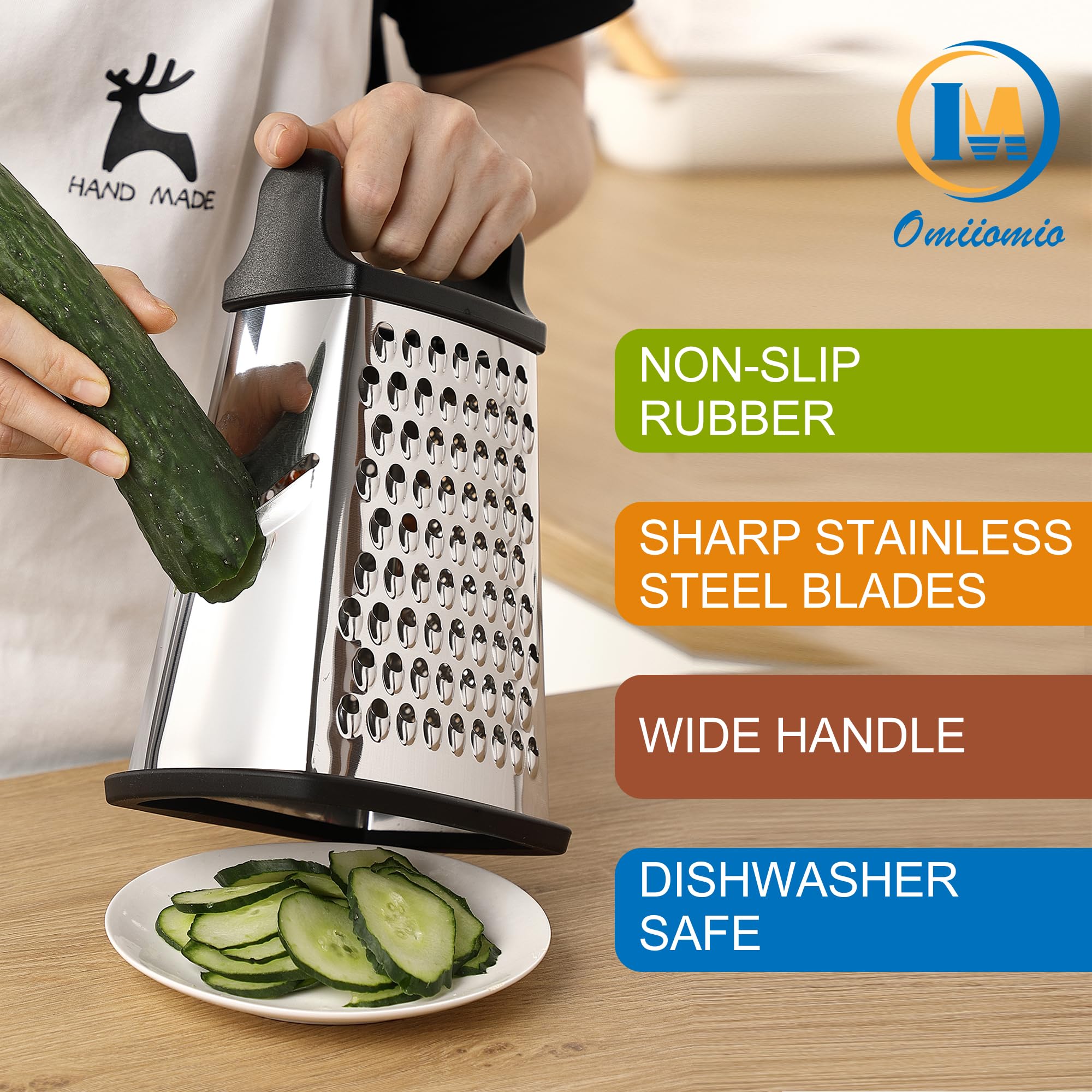 OIM Omiiomio Professional Cheese Grater - Stainless Steel, XL Size, 4 Sides - Perfect Box Grater for Parmesan Cheese, Vegetables, Ginger - Dishwasher Safe - Black