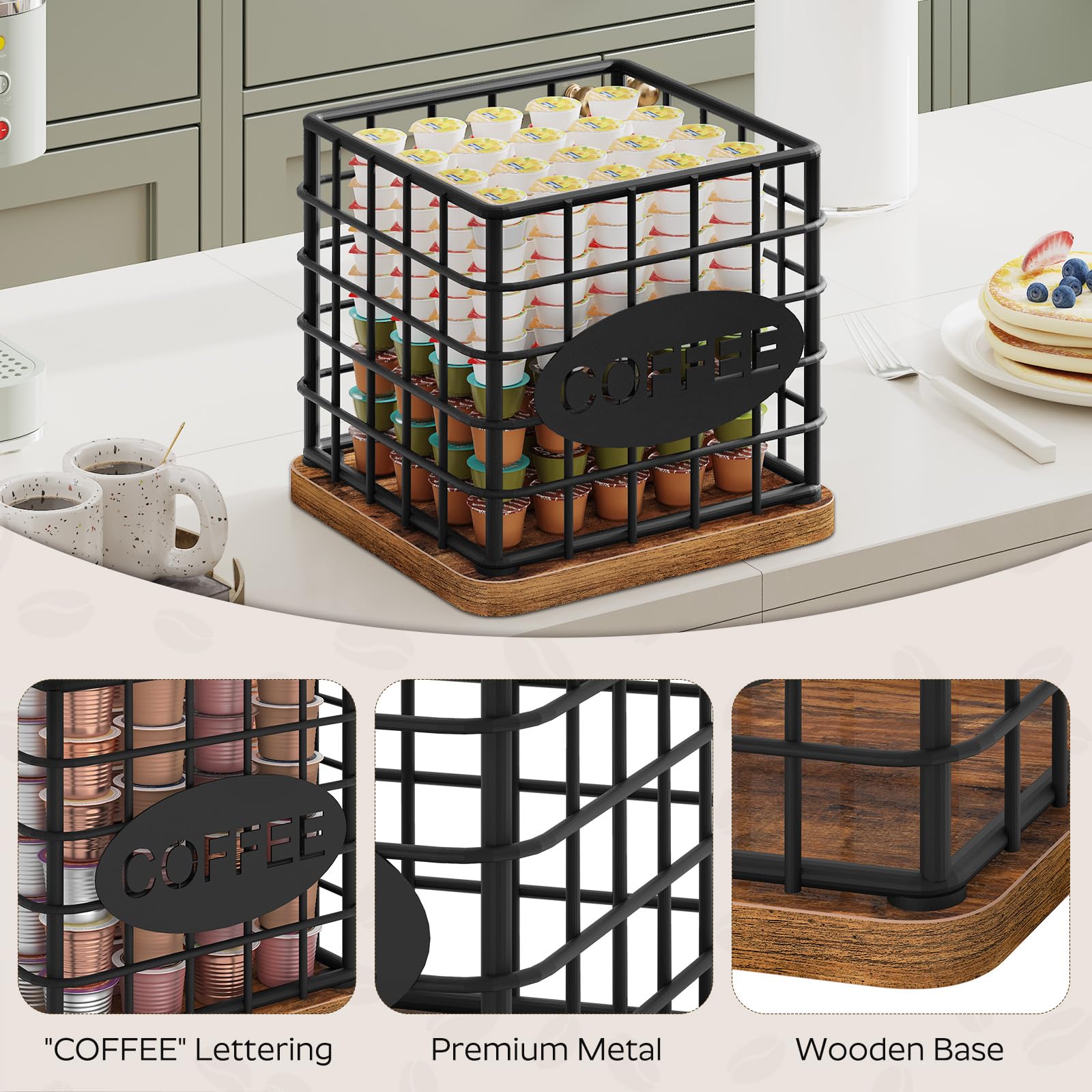 YATINEY Coffee Pod Holder for K Cup, Large Capacity Coffee Pod Organizer, Versatile Coffee Capsule Storage Basket with Wooden Base, Rustic Brown KH10BR