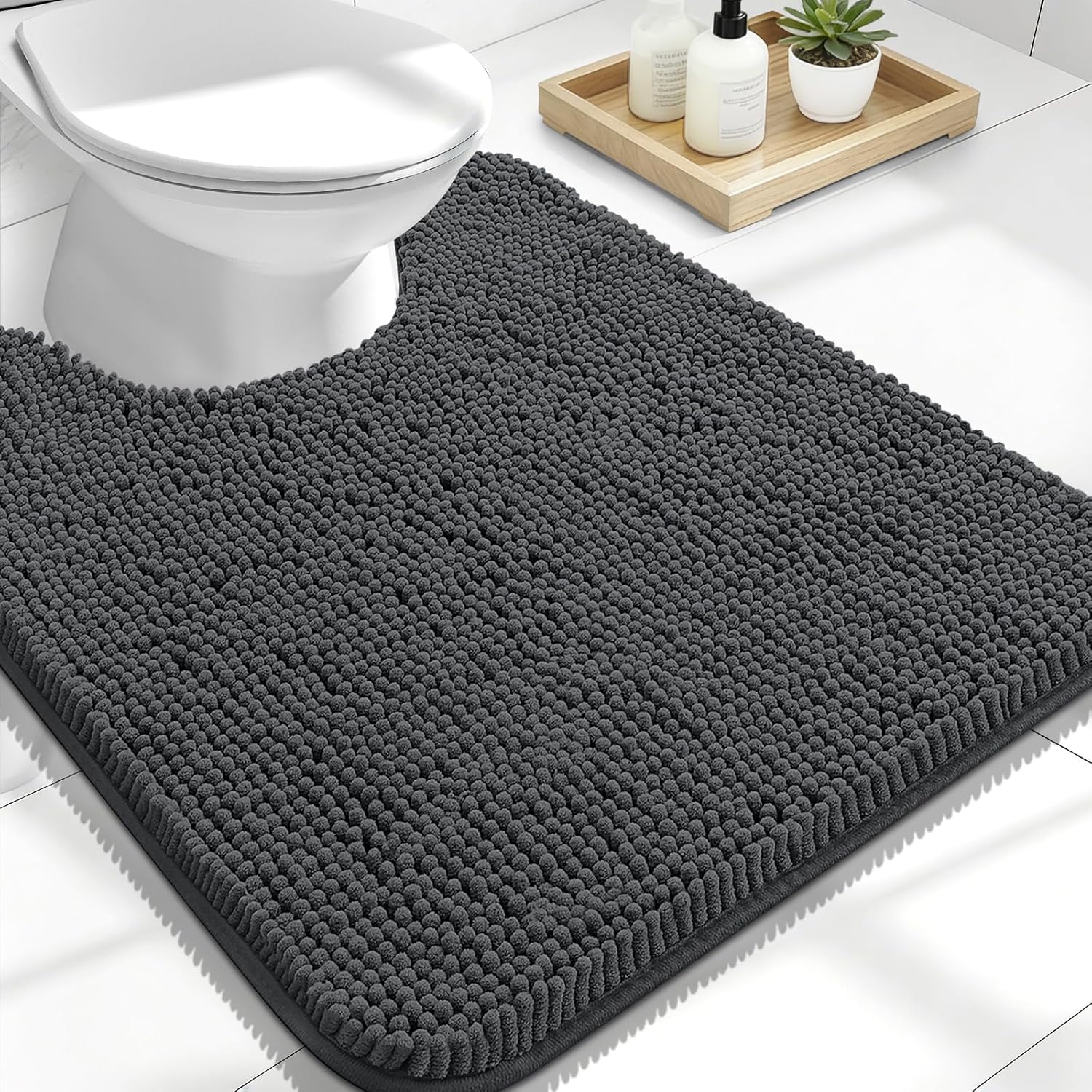 OLANLY U-Shaped Toilet Rug - Extra Soft Chenille Bathroom Mat, Quick-Dry & Non-Slip, 24x20, Dark Grey