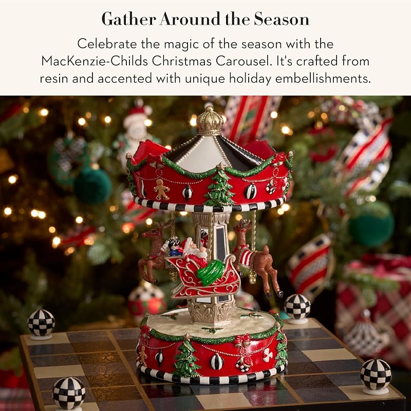MacKenzie-Childs Resin Christmas Carousel Figurine - Courtly Check Sleigh with Reindeer