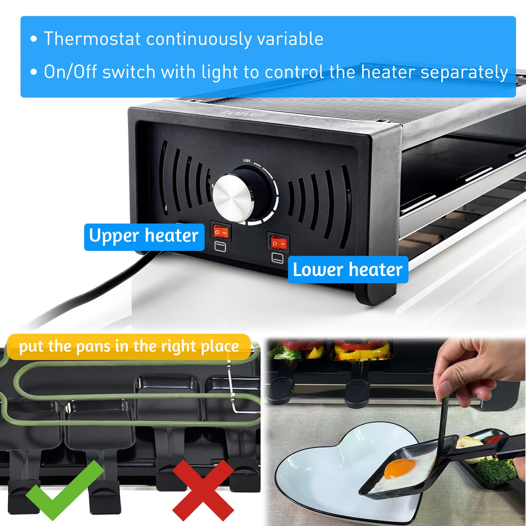 TAMARIT Raclette Party Grill Portable Indoor Electric Korean BBQ Grill 2 in 1 Raclette Table Griddle with Nonstick Coating Plate 4 Pizza Pans 8 Cheese Trays Upper and Lower Heater, PFAS-No