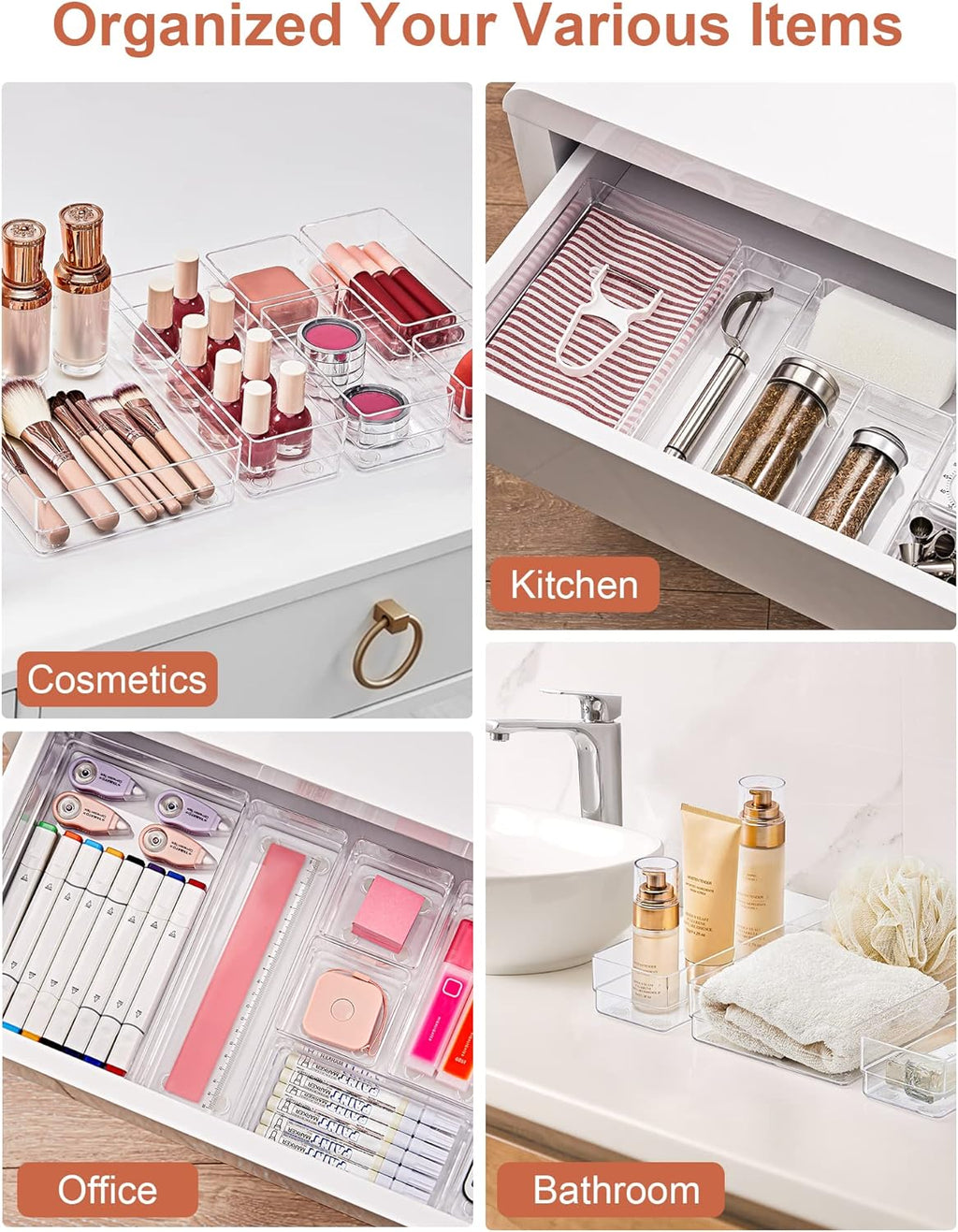 SMARTAKE 22-Piece Drawer Organizer - Non-Slip Silicone Pads | Clear Storage Trays for Makeup, Jewelry & Utensils
