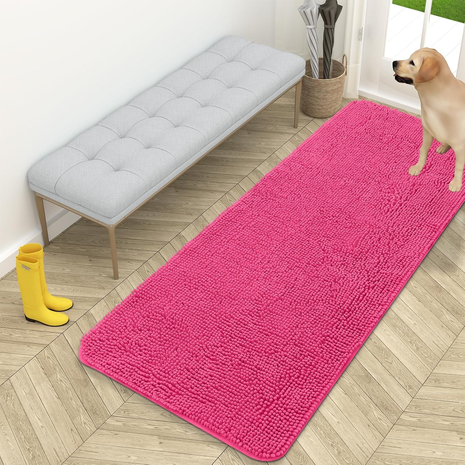 OLANLY Dog Door Mat - Absorbent Non-Slip Chenille Mat for Muddy Paws | 59x24, Hot Pink, Quick Dry