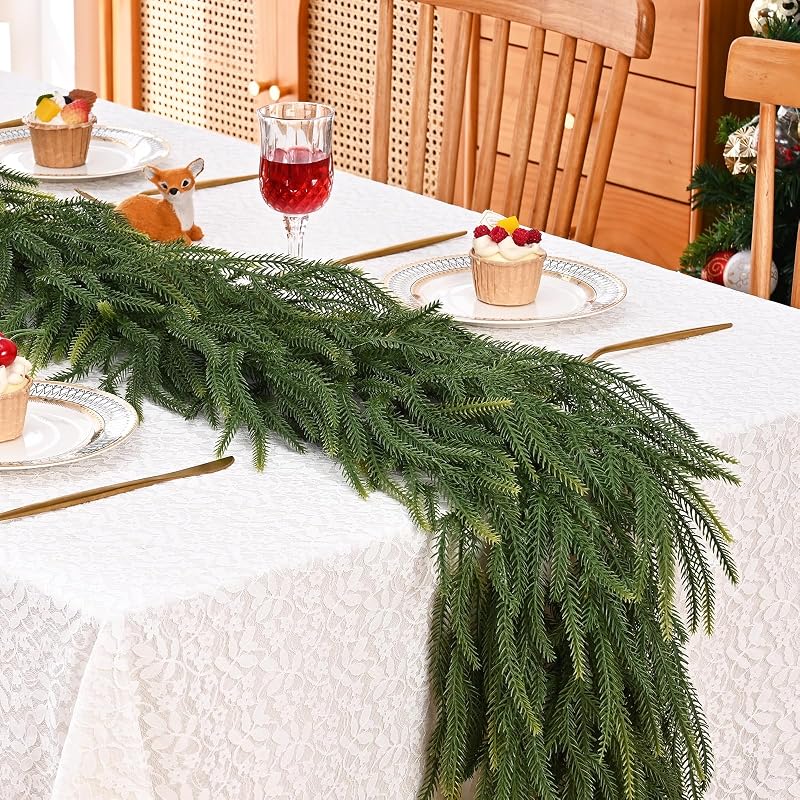 9 ft Cedar Garland with Lights - Realistic Norfolk Pine Christmas Wreath & Decoration