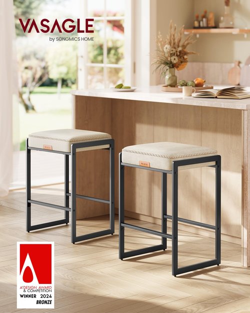 VASAGLE EKHO Collection - Bar Stools Set of 2, Counter Height Bar Stools, Synthetic Leather with Stitching, Mid-Century Modern Counter Stools, 26-Inch Tall, Kichen Home Bar Dining Room, Cream White