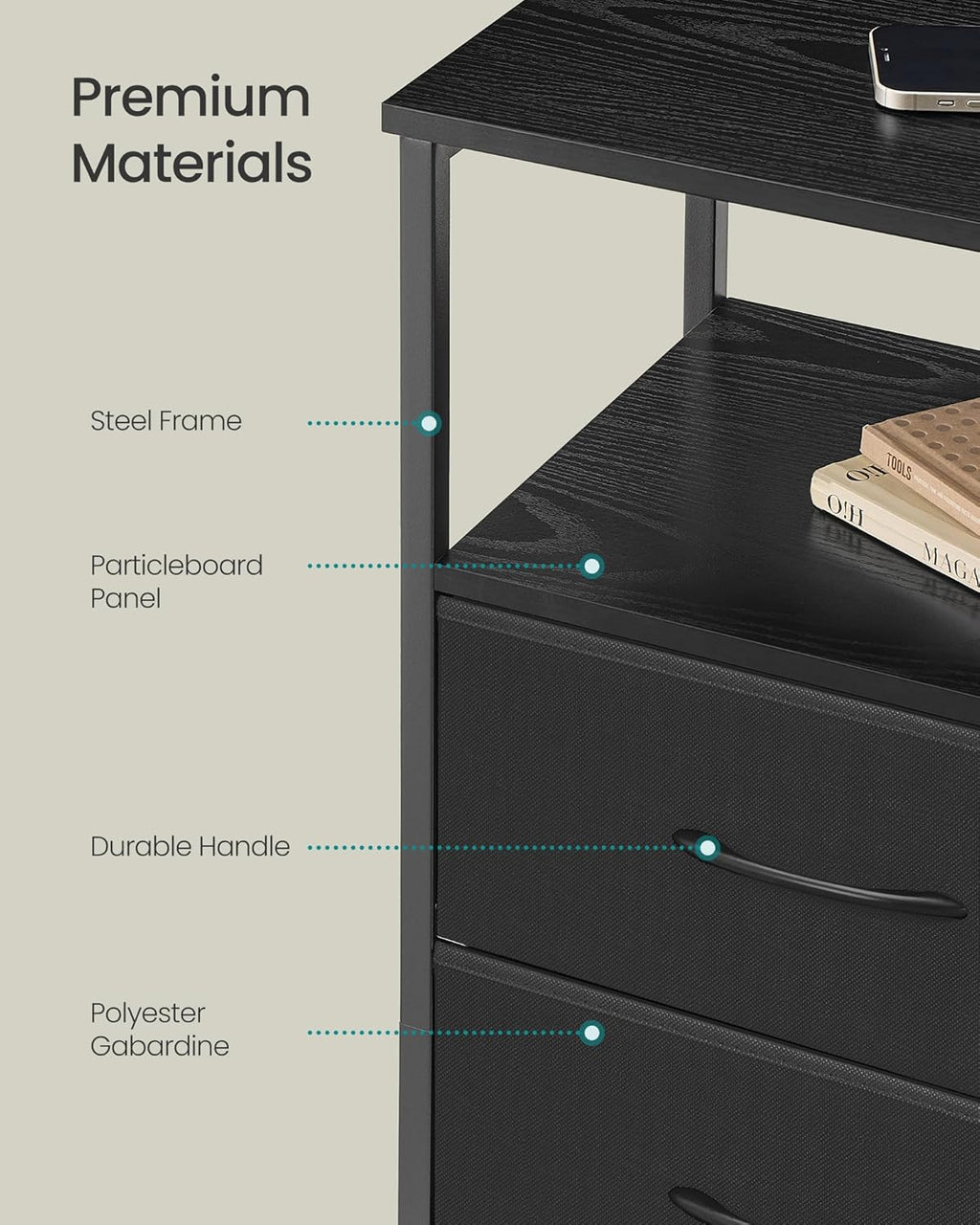 SONGMICS Nightstand with Charging Station - App-Controlled LED Lights, 2 Drawers & Open Shelf, Ink Black & Ebony Black