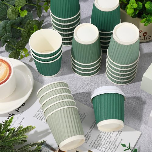 Whaline 100Pcs Sage Green Disposable Espresso Cups with Lids 4oz Gradient Green Paper Cups Corrugated Ripple Wall Insulated Hot Cups for Home Office Party Supplies