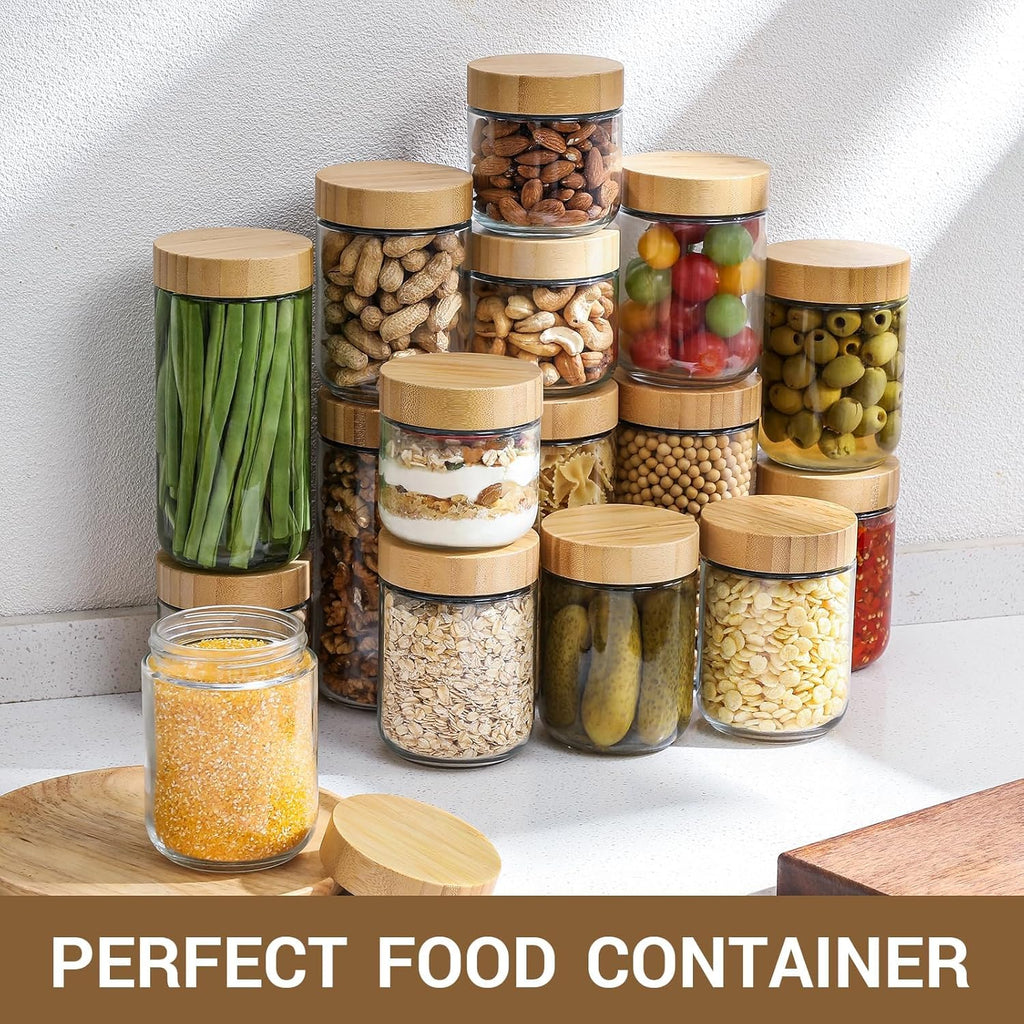 NETANY 16oz Glass Jars - 6-Pack Airtight Containers with Bamboo Lids for Overnight Oats & Snacks