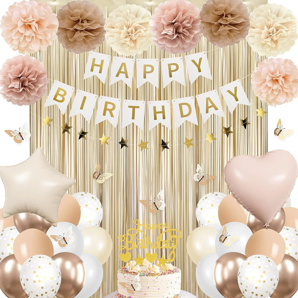 lambent Happy Birthday Decorations Kits for Women Girls,Champagne-Gold Beige Fall Boho Birthday Party Decorations with Foil Balloons,Birthday Banner,Star Banner,Fringe Curtain,Cake Topper