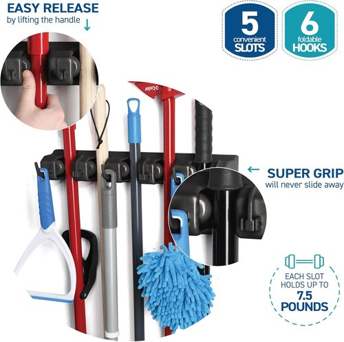 2 Pack Mop and Broom Holder by Home Organizers - Wall Mount Storage with 5 Slots & 6 Hooks - Ideal for Home, Kitchen, Laundry Room - Black