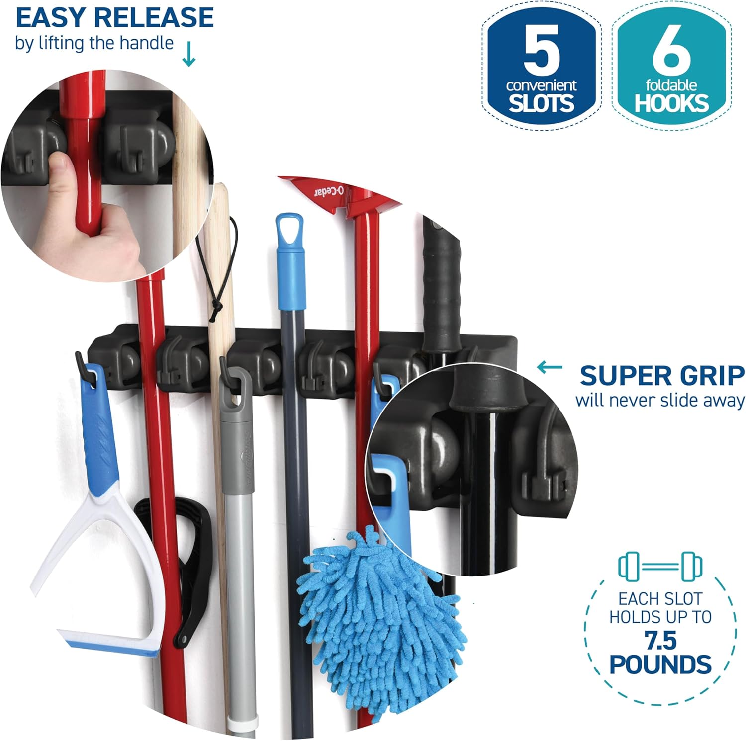 Skiennix Mop and Broom Holder Wall Mount - 5 Slots & 6 Hooks for Efficient Garage Storage | Black Organizer