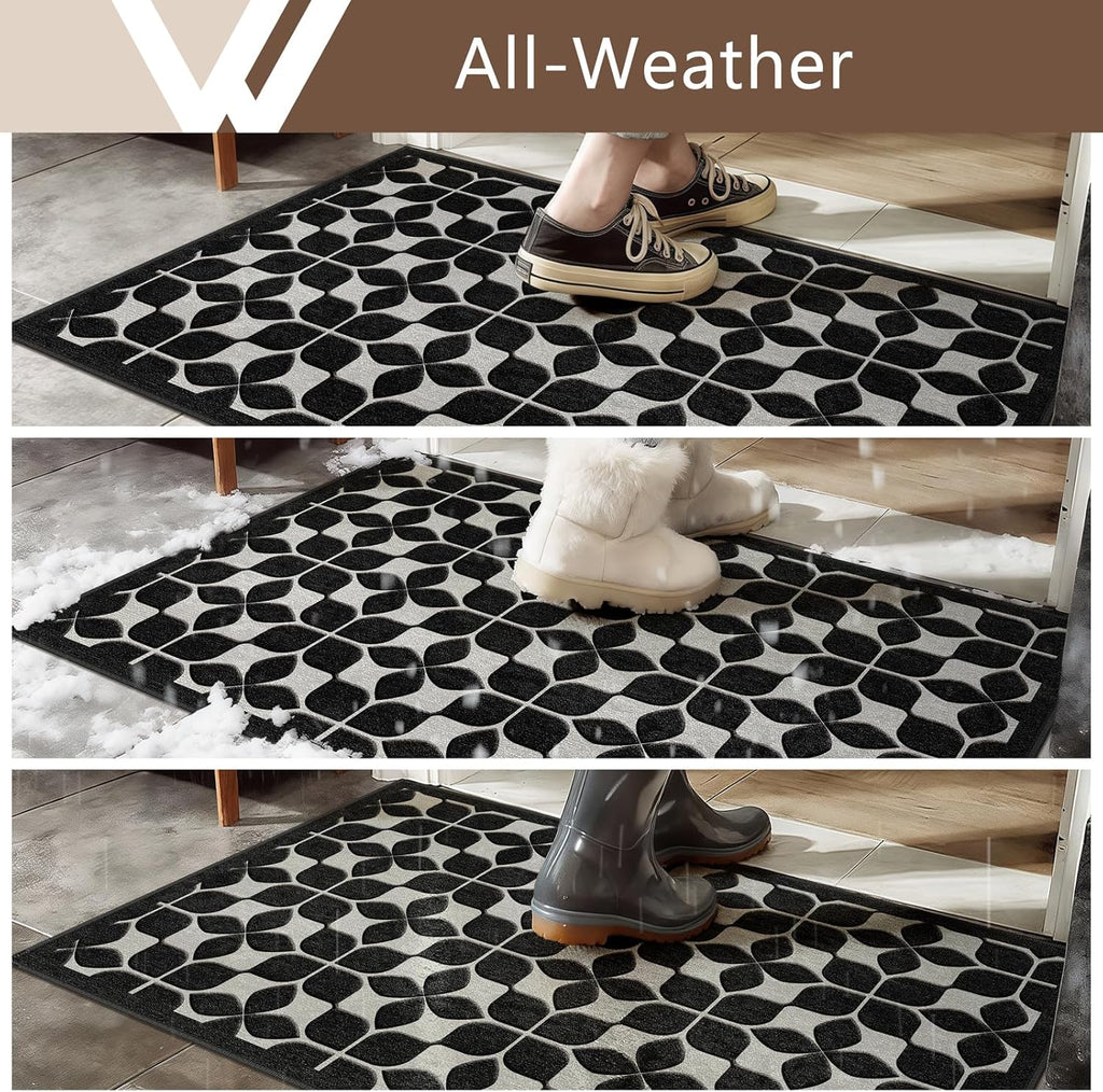 Skiennix Front Door Mat - Washable All-Weather Black Trellis Design | 24"x36" Non-Slip Easy Clean Rug