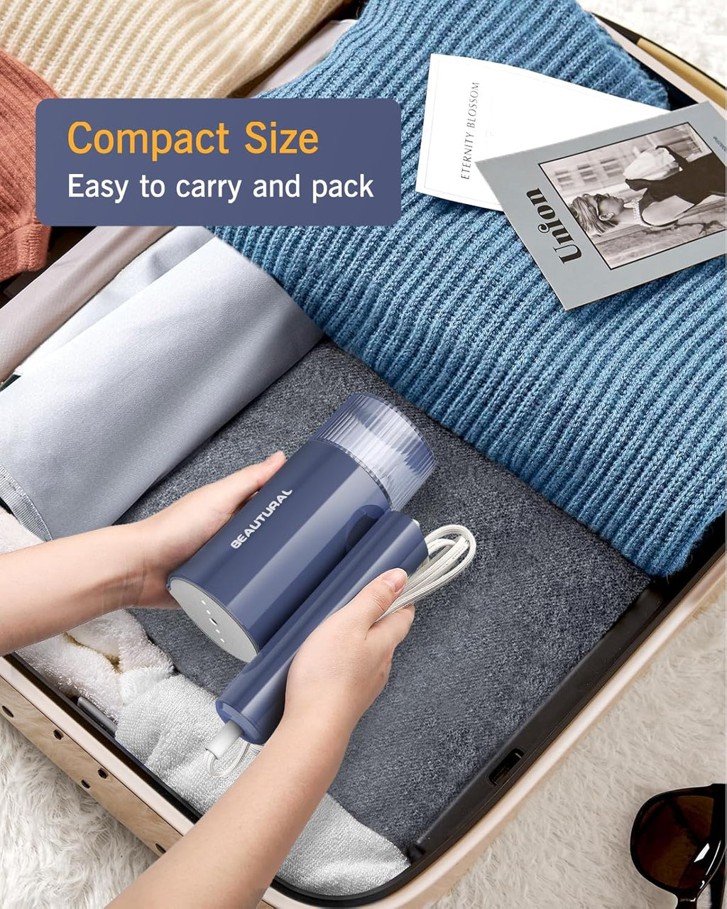 Beautural Portable Clothes Steamer - Fast 30s Heat-Up, Handheld & Foldable Design, Blue