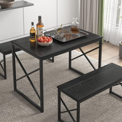 VECELO Kitchen Dining Table Benches Set for 4, 43.3" Wooden Dinette with 2 Benches, Heavy-Duty Dining Room Table for Small Space, Breakfast Nook, Black