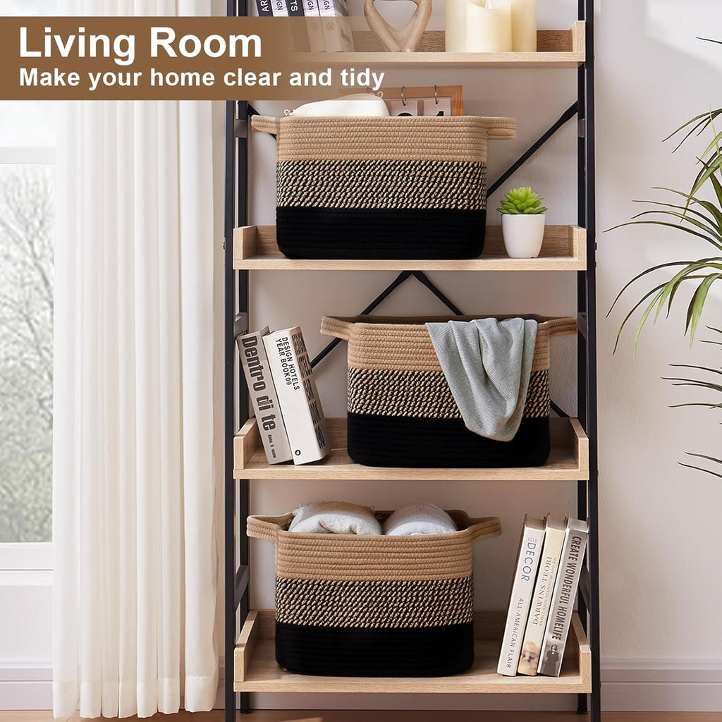 OIASKET Storage Basket - Woven Organizing Bins for Toys, Books & Nursery | Pack of 3 (Black & Brown, 13"x9.85"x8.7")