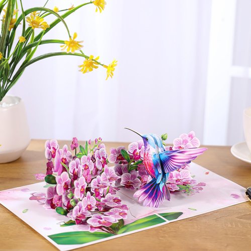 Hummingbird Pop Up Mothers Day Cards, 3D Purple Orchid Birthday Card For Women, Mom, Ideal Gift for Mothers Day, Thank You, Birthday, Thinking of You, All Occasion for Her, Sister, Grandma, Daughter
