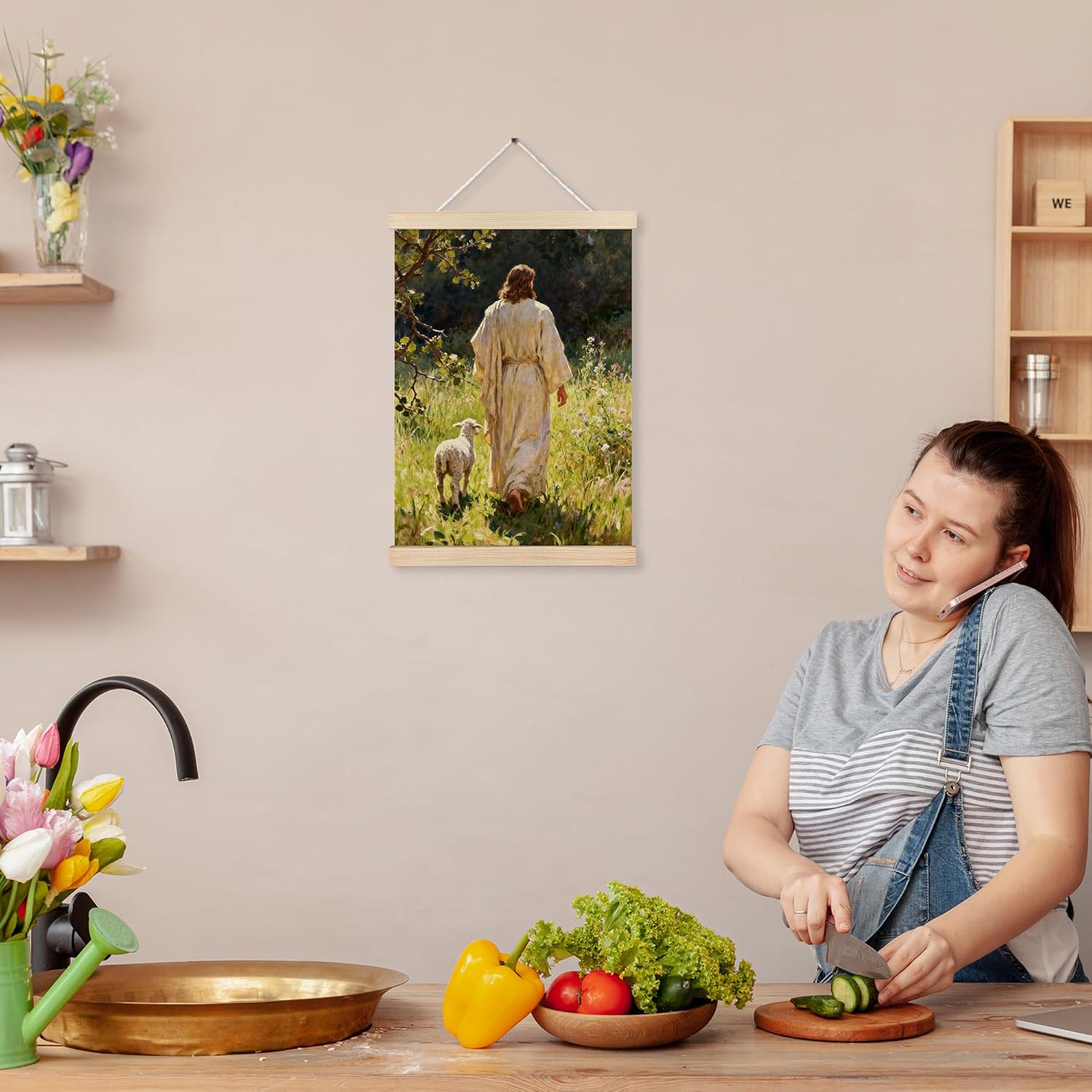 MKIJUHB Jesus Wall Art - Framed Canvas Print of Jesus and Lamb for Home or Church | 12x16 Inch