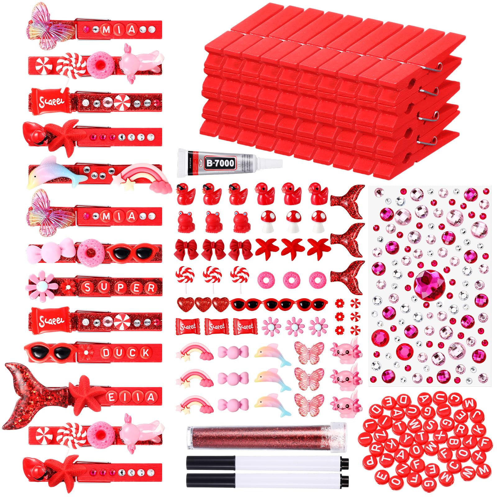 Youyole 50 Sets Cheer Pins Spirit Clips Include Wooden Clothes Pins Mini Resin Animals Bows Beads Letters Self Adhesive Stickers Pen for Cheerleaders Backpacks Christmas Gifts DIY Craft (Red)