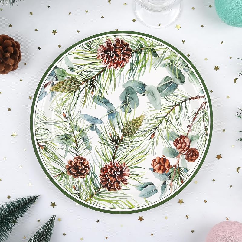 Pine Cones Christmas Dinner & Dessert Plates 48ct - Eucalyptus, Winter Greenery 7in & 9in (Variation: Pine Cones)