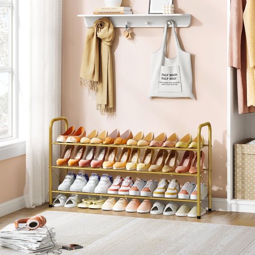 Hoctieon 3 Tier Mesh Style Shoe Rack, Entryway Shoe Shelf, Shoe Storage Organizer, Shoe Rack for Closet, Space Save for Bathroom, Garage, Hallway, Bedroom, Living Room, Gold