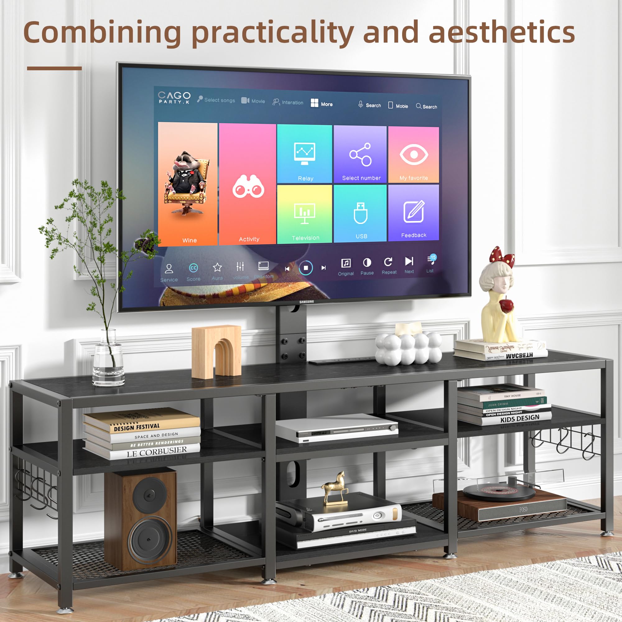 VECELO Dresser TV Stand for Bedroom with 5 Fabric Drawers, Entertainment Center for 32/40/43 in TVs, Media Console Table with Storage, Open Shelf, Adjustable Feet, Living Room Furniture, Rustic Gray