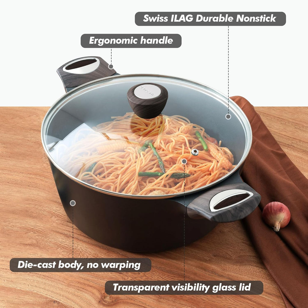 SENSARTE Nonstick Stock Pot - Versatile 2.6/4.5/6.6/8.5 QT Casserole for Healthy Cooking | Induction Compatible, Black