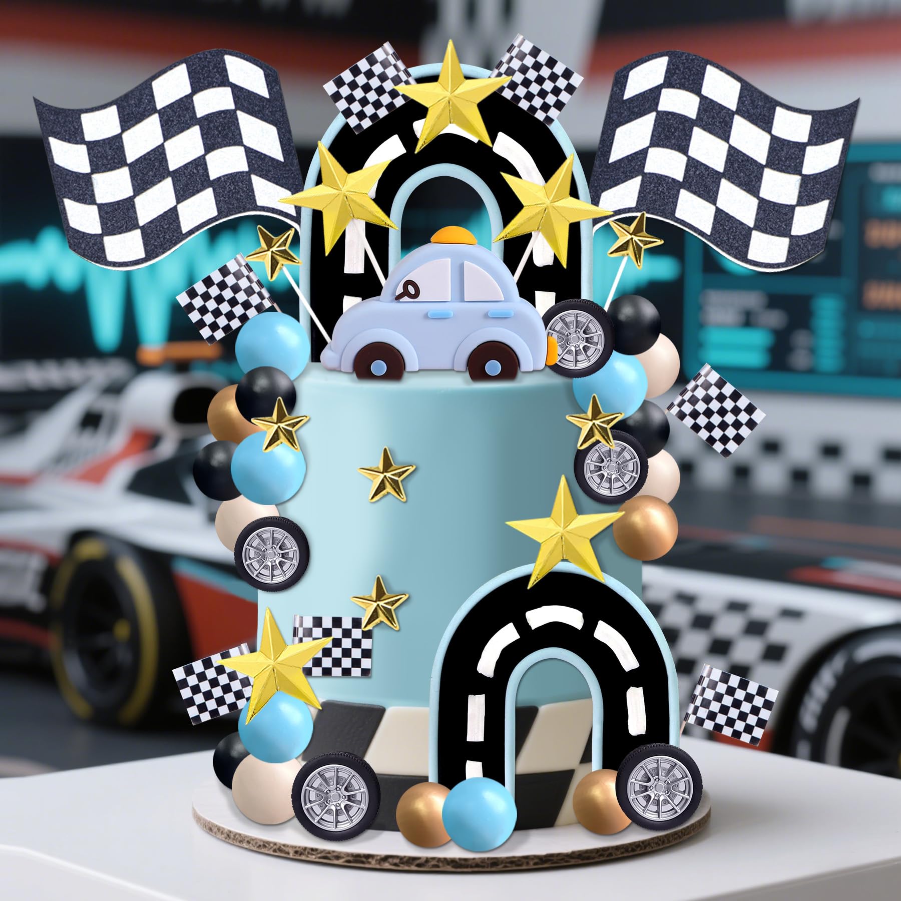 64PCS Race Car Cake Topper Cars Cake Topper Car Birthday Party Decoration Race Track Decorations