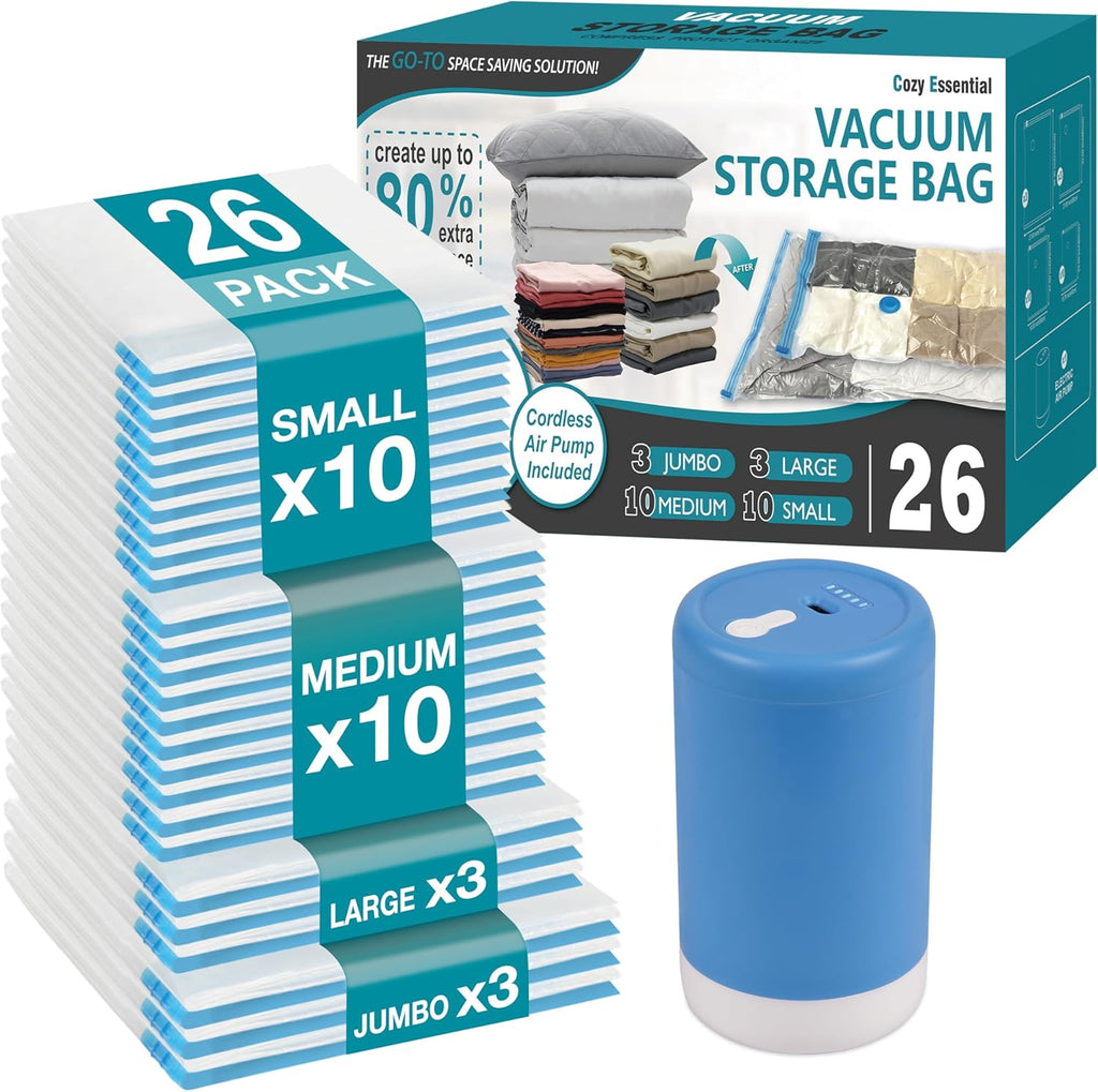 Skiennix Travel Vacuum Storage Bags - Space-Saving Combo with Rechargeable USB Pump | Ideal for Clothes, Bedding & More