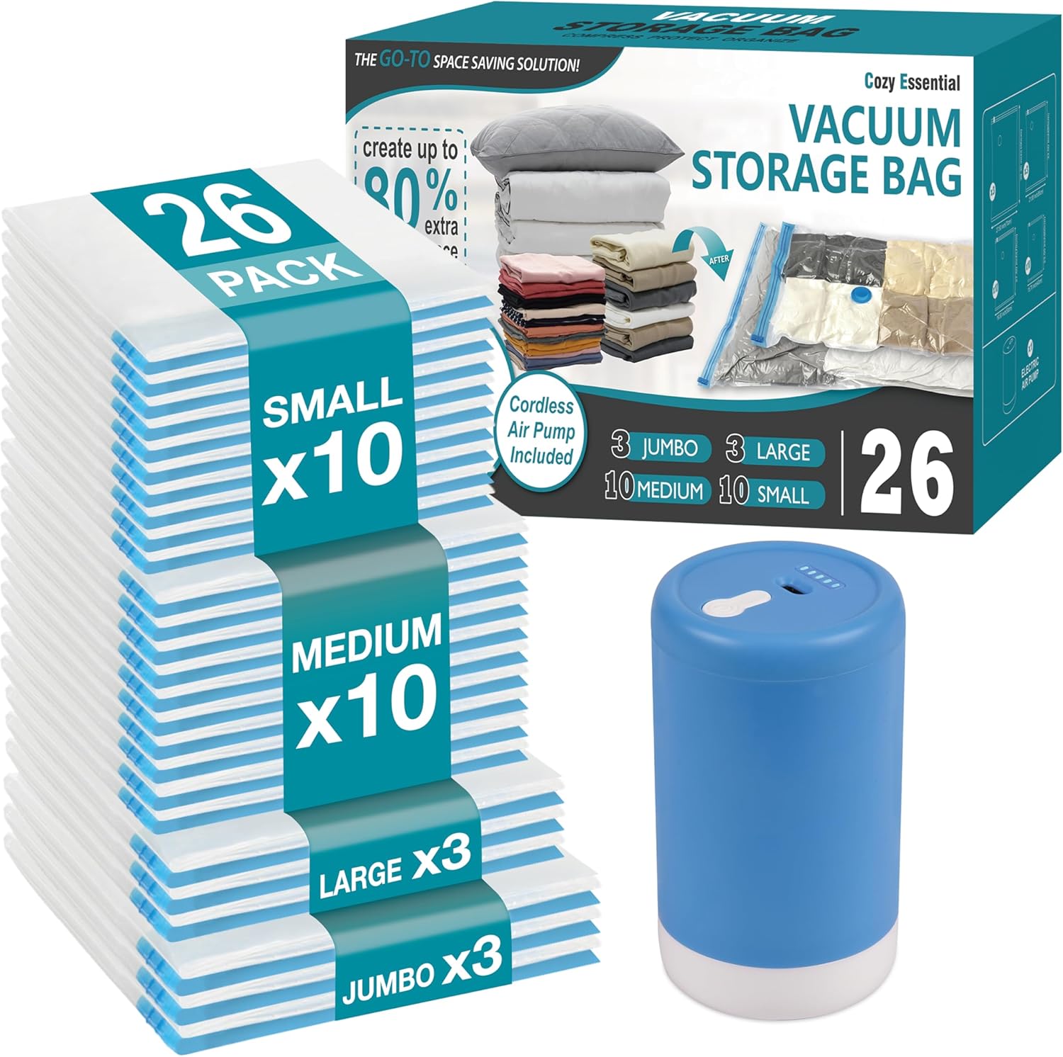 Skiennix Travel Vacuum Storage Bags - Space-Saving Combo with Rechargeable USB Pump | Ideal for Clothes, Bedding & More