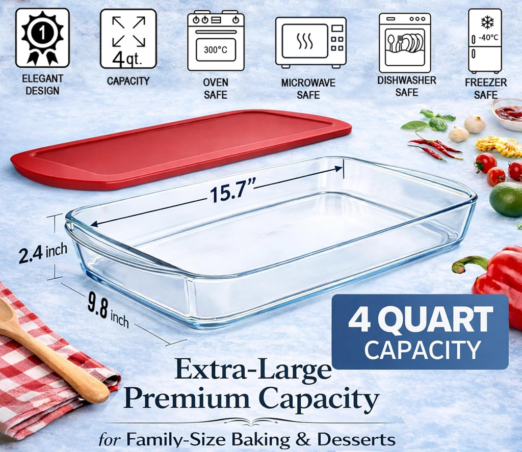 Ums 4-Qt Glass Baking Dish - Borosilicate Casserole Dish with Lid | Oven, Microwave & Dishwasher Safe (15.7'' x 9.8'' x 2.4'')