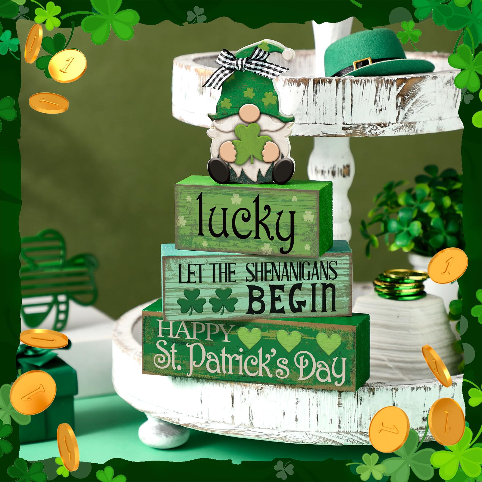 Moucuny 4 Pcs St. Patrick's Day Table Decoration Irish Tiered Tray Decor Wooden Gnome Shamrocks Block Signs Happy St. Patrick's Day Centerpiece for Tables Irish Wooden Sign for Home Decor