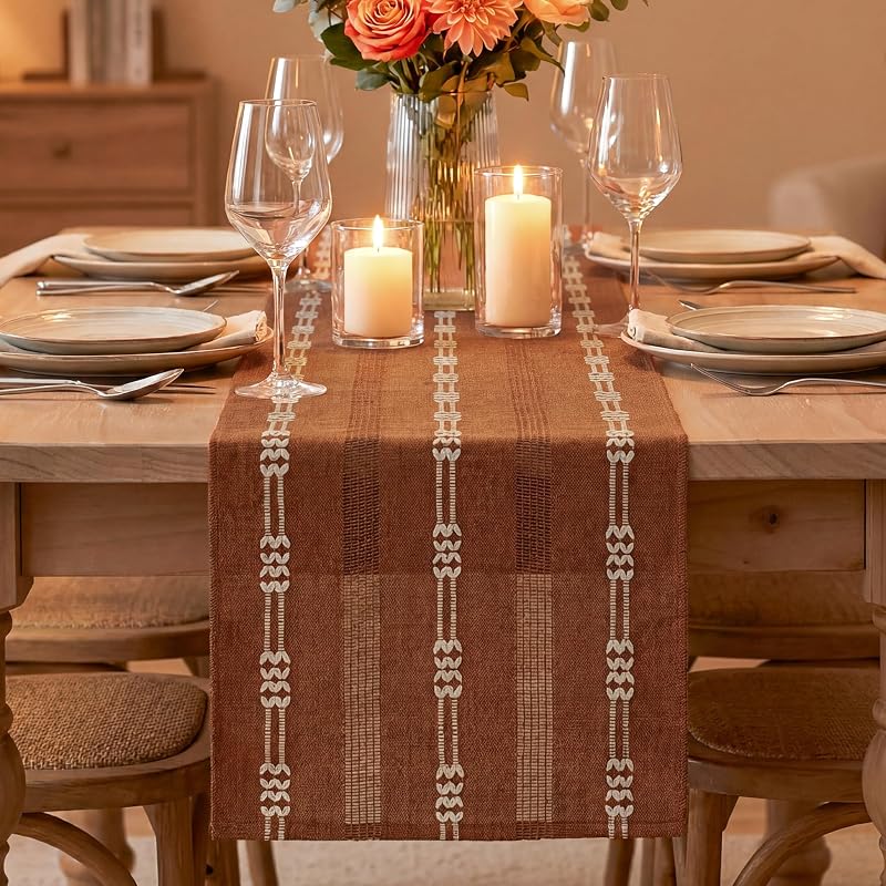 Caramel Farmhouse Embroidered Table Runner 13x60 Inch - Seasonal Fall Kitchen Decor
