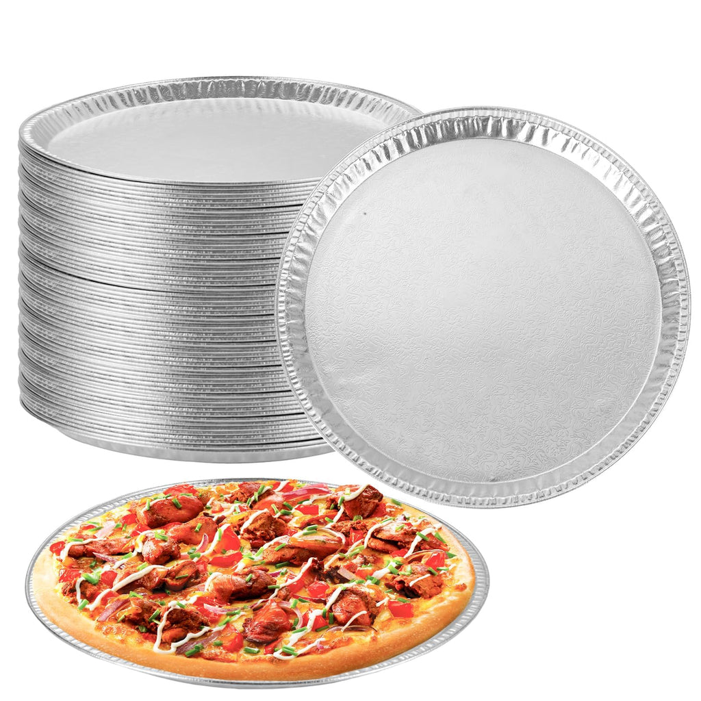 WOPPLXY 25 Pack Disposable Aluminium Foil Serving Trays, 12 Inch Round Aluminum Foil Pans, Disposable Round Foil Pizza Pans for Pizzas, Vegetable, Fruit, Cake, Cookies