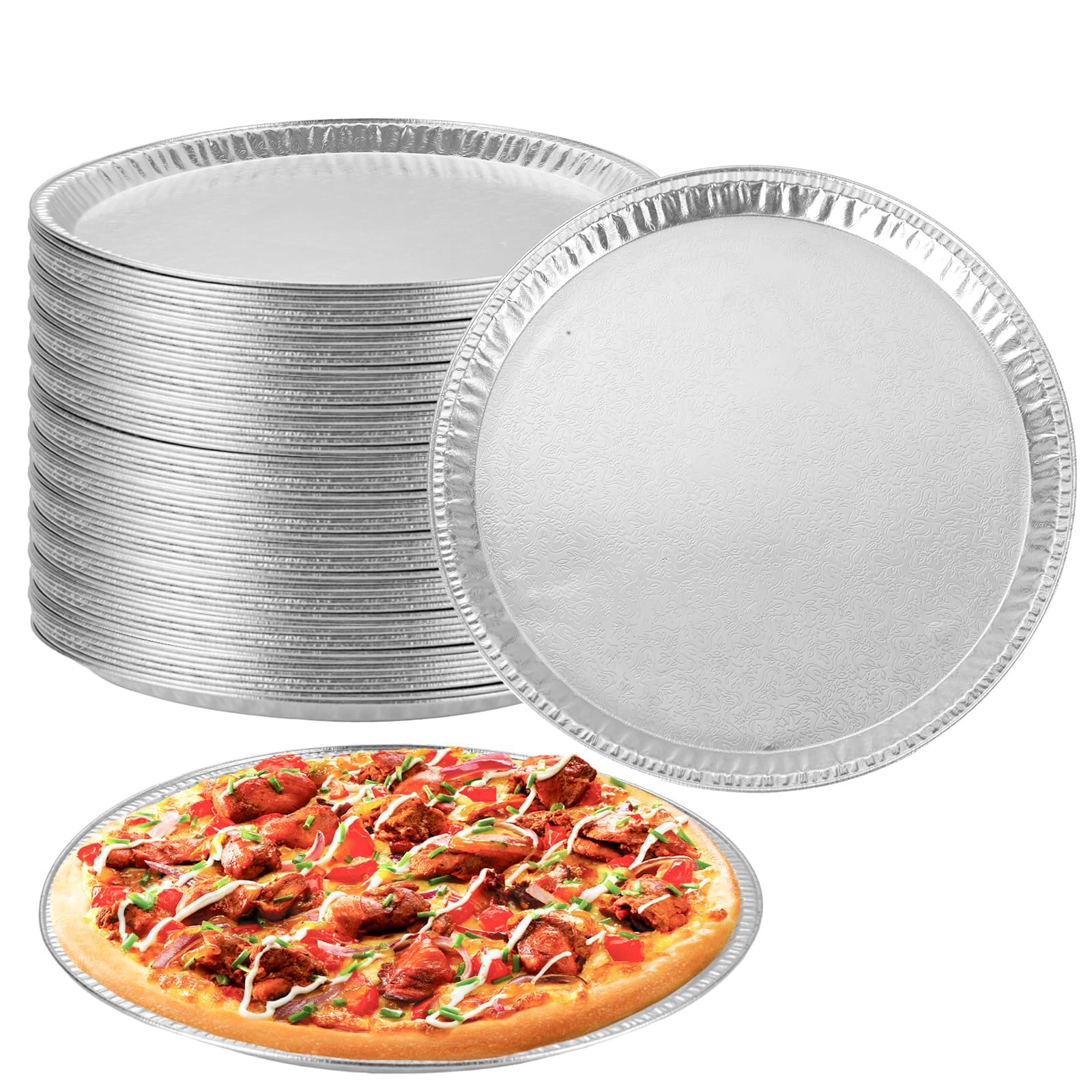 WOPPLXY 25 Pack Disposable Aluminium Foil Serving Trays, 12 Inch Round Aluminum Foil Pans, Disposable Round Foil Pizza Pans for Pizzas, Vegetable, Fruit, Cake, Cookies