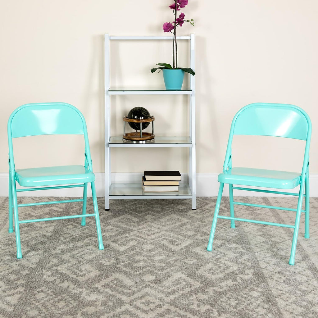 Flash Furniture 2 Pack HERCULES COLORBURST Series Tantalizing Teal Triple Braced & Double Hinged Metal Folding Chair