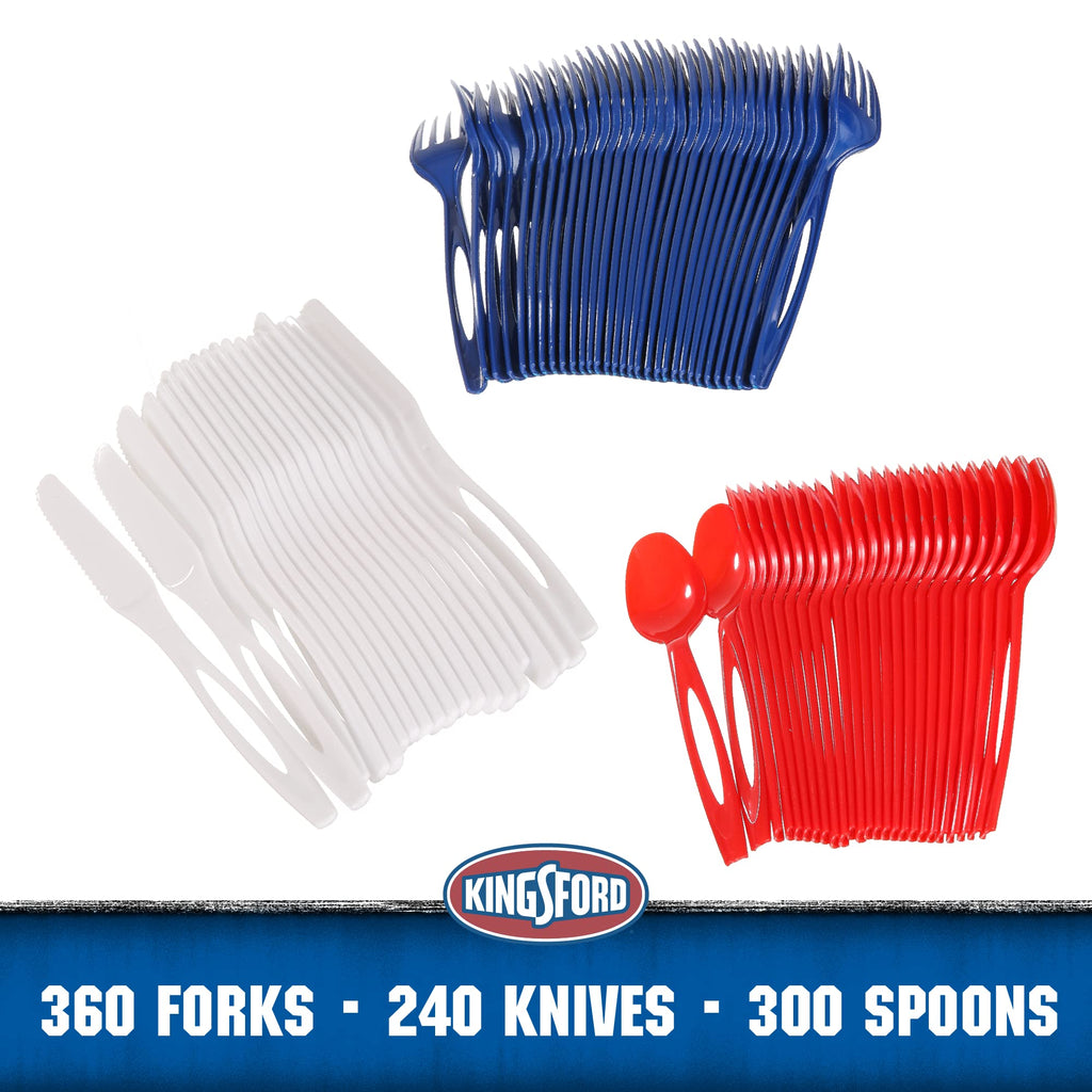 Kingsford Assorted Plastic Cutlery Set, Full Size Disposable Forks Knives & Spoons, Heavy Duty Reusable Dishwasher Safe Utensils for BBQ, Picnics, Parties & Daily Meals, Red White Blue, 75 Ct - 12 Pk
