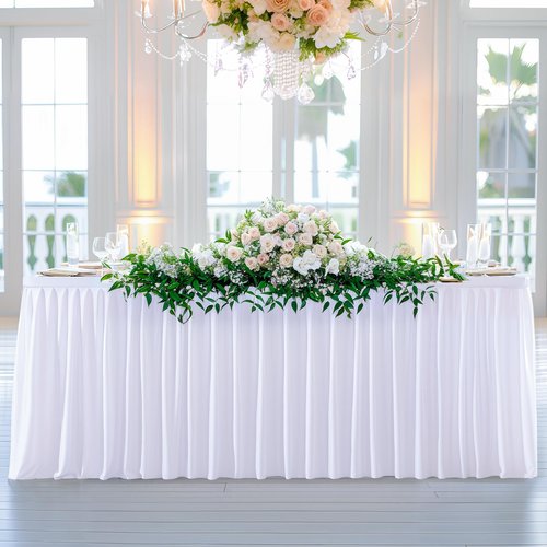 3 Pack White Polyester Table Clothes for 8 Foot Rectangle Tables, Wrinkle Free Fitted Table Cover with Pleated Ruffle Table Skirt for Birthday Party Wedding Trade Show Event Display