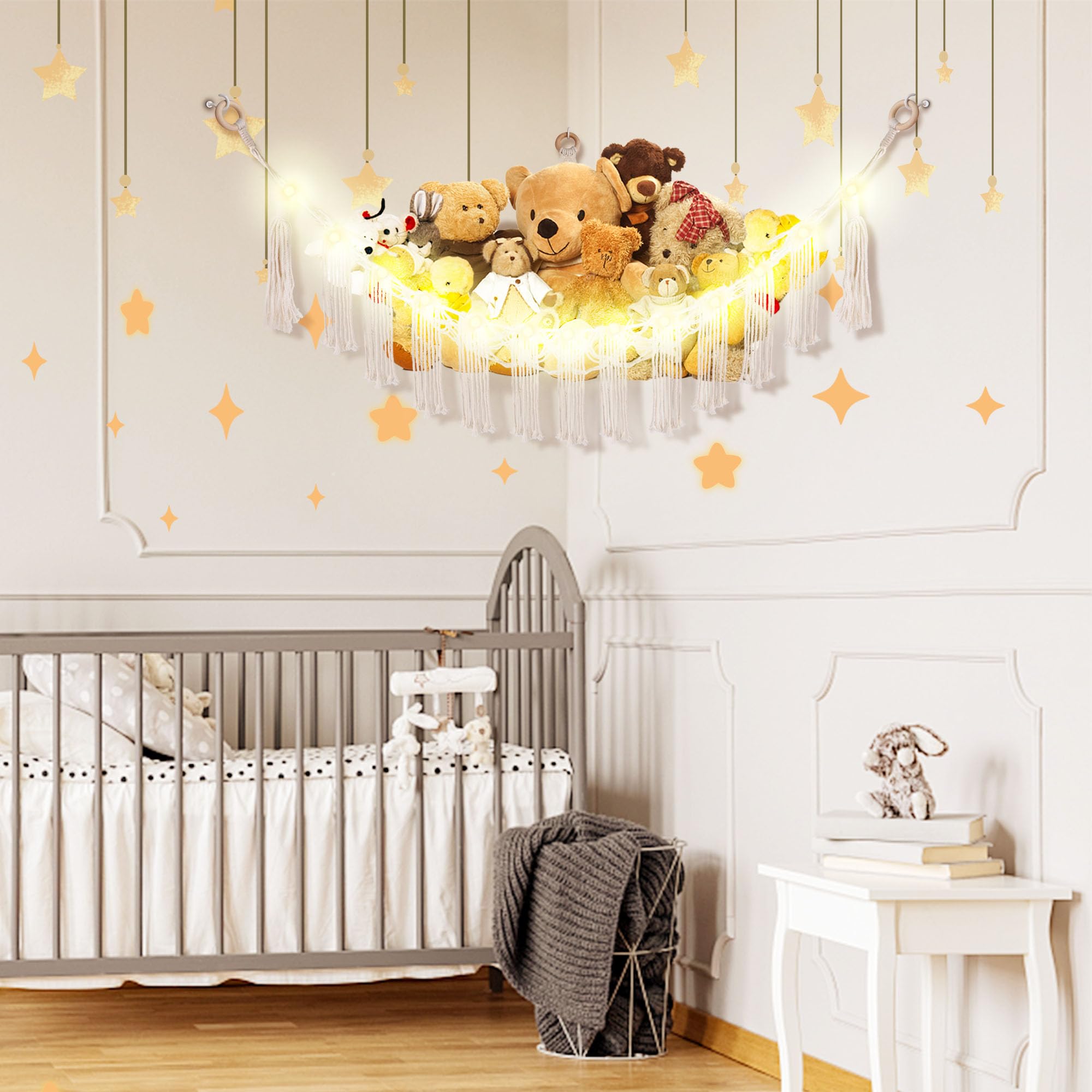 CERETIA Stuffed Animal Hammock with LED Light, Large Stuffed Animals Storage Corner Plushie Net for Kids Room Decor, White