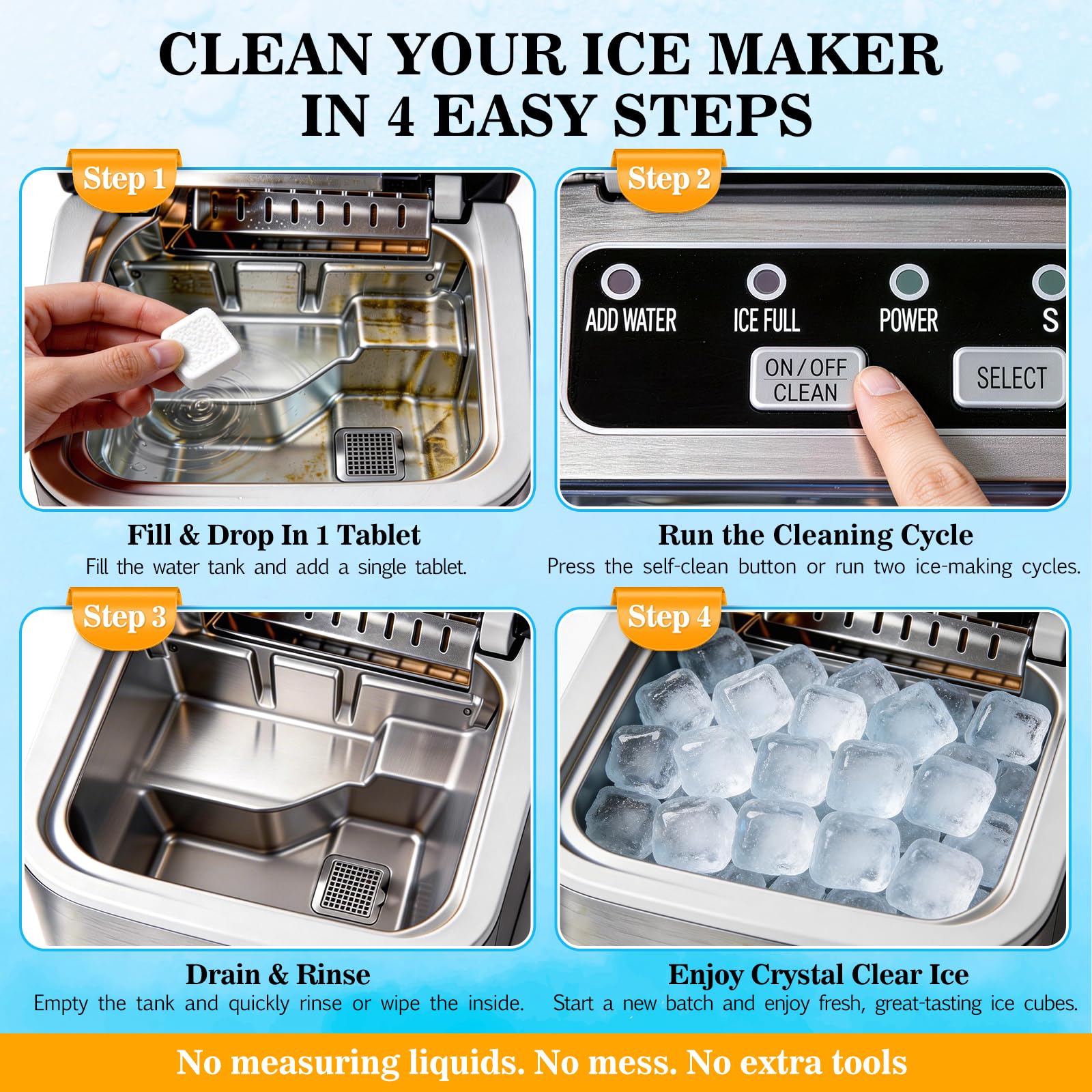 Bellaluce Ice Machine Cleaner Tablets Descaler (32 Pack) – Nickel-Safe Countertop Portable Commercial Ice Maker Cleaning – Remove Hard Water Buildup, Odor-Free, Crystal Clear Ice