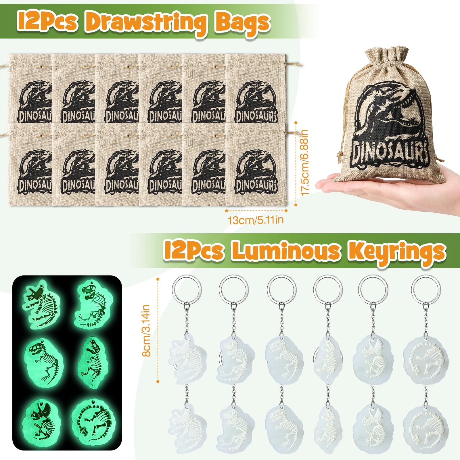 SNLN 12 Sets Dinosaur Party Favors for Kids Birthday, Magnifying Glasses Luminous Keyring Dino Egg Sticker Dino Party Supplies with Skeleton Toy Silicone Bracelet Gift Bag Dino Theme Stuffer Fillers