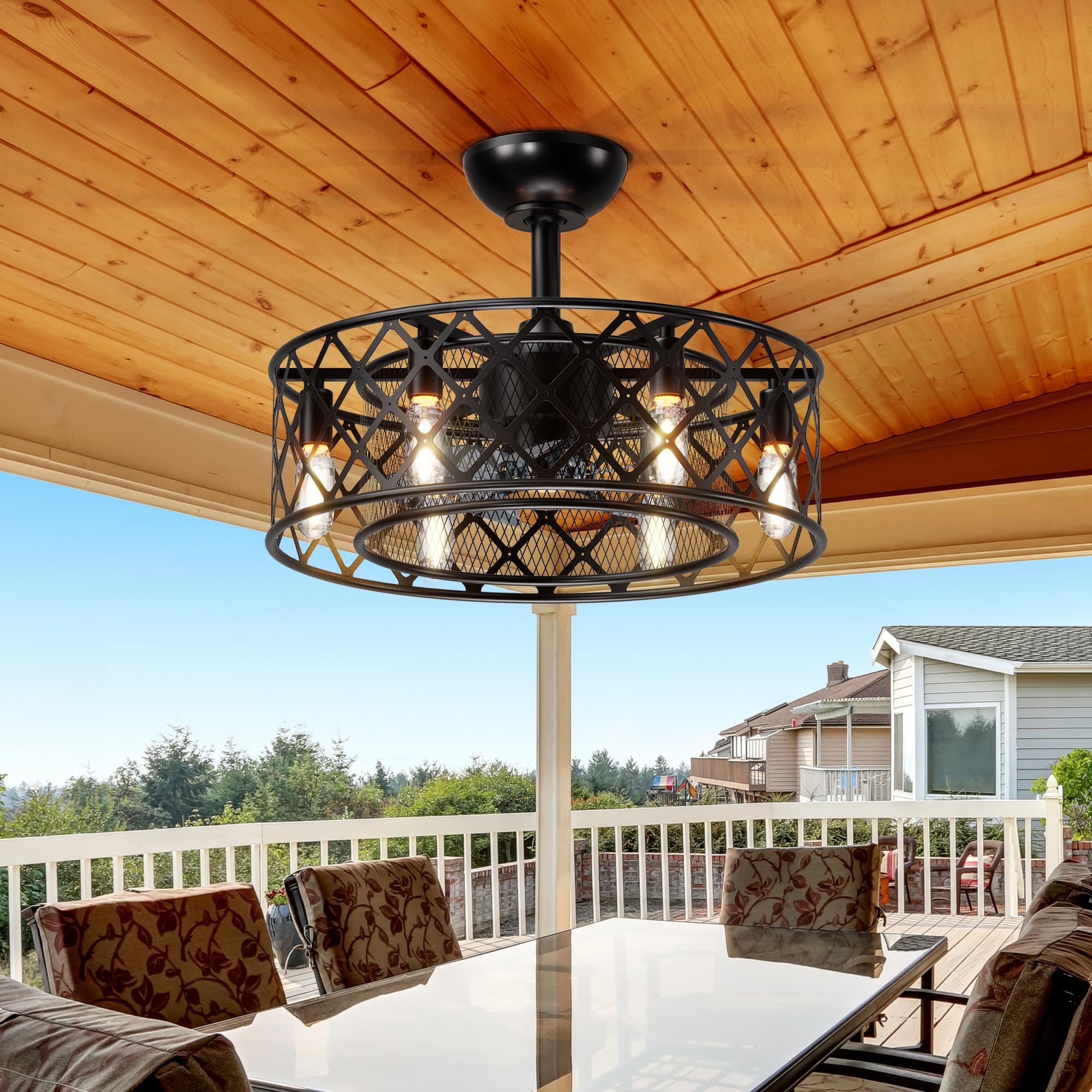 ULG 20” Caged Ceiling Fan with light, Vintage Fandelier Ceiling Fan Light Flush Mount Ceiling Fan with Remote Control, 6-Speed Quiet Wind Reversible for Small Room, Hallway, Bedroom, Porch