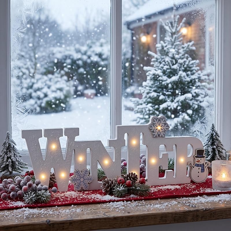 Wooden Winter Sign Lighted Tabletop Decor - White LED Centerpiece (White+Winter)