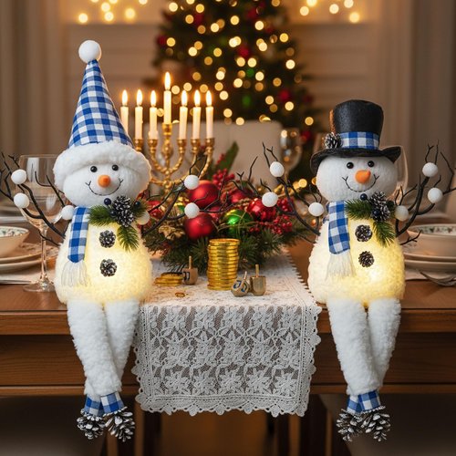 Hanukkah Decorations for Home Indoor,2 Pack Snowman Figurines Blue Christmas Table Decorations,18" Lighte Up Snowmen Jewish Gnomes Holiday Decor Chanukah Ornaments Shelf Table Display Gift Idea