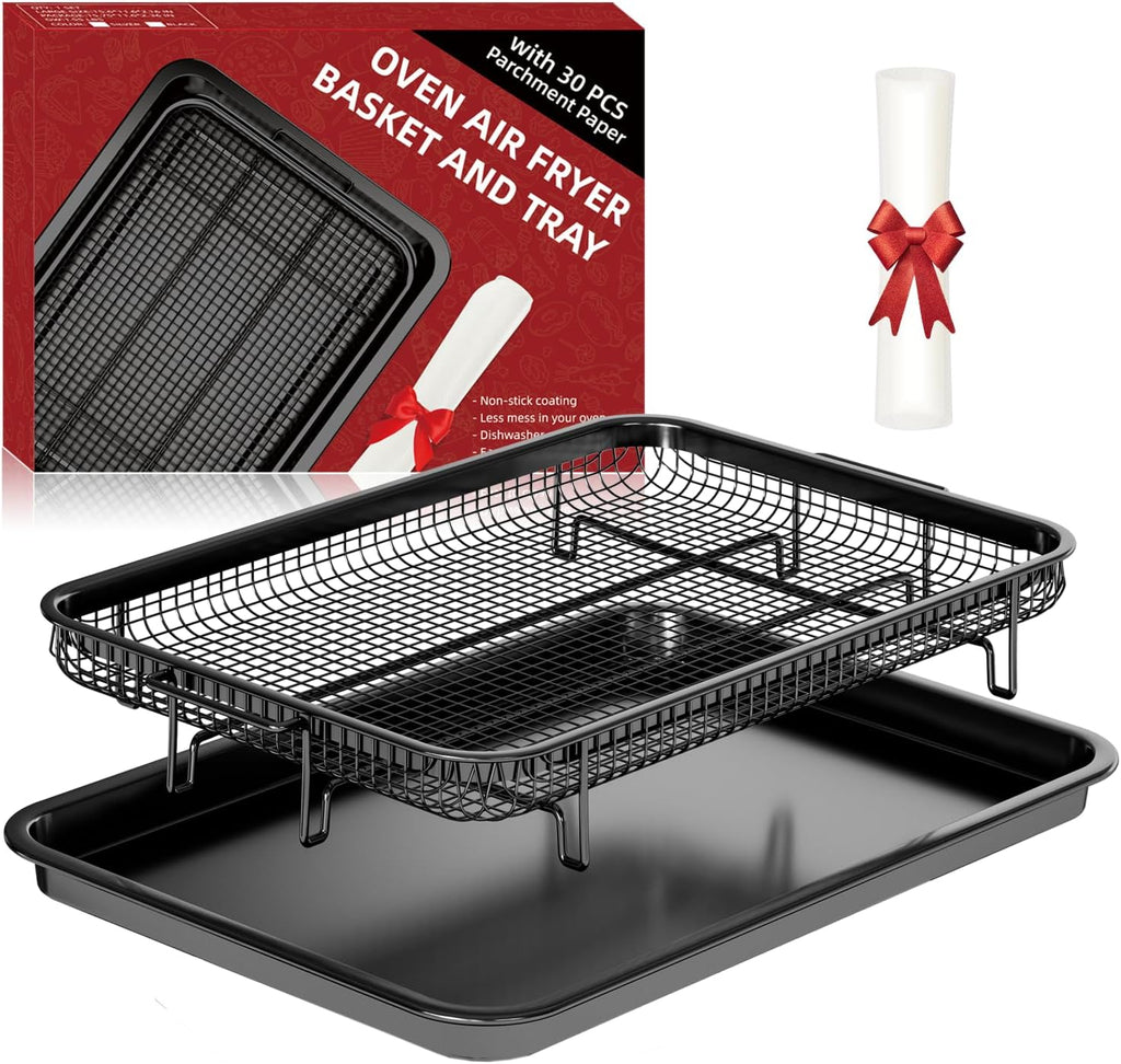 THORSES Air Fryer Basket - Large 15.7" x 11.6" Non-Stick Stainless Steel with 30 Parchment Sheets - Black