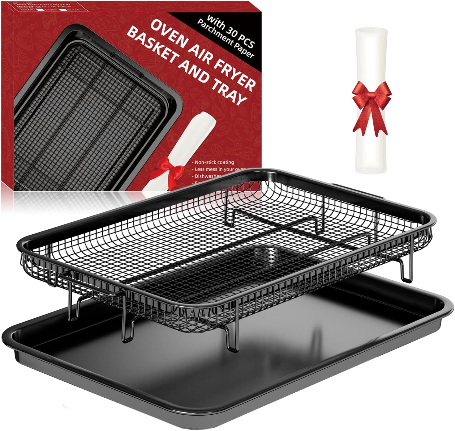 THORSES Air Fryer Basket - Large 15.7" x 11.6" Non-Stick Stainless Steel with 30 Parchment Sheets - Black