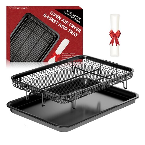 Air Fryer Basket for Oven, Large 15.7" × 11.6" Air Fryer Pans for Convection Oven with 30 Sheet Parchment Papers, THORSES Non-Stick Stainless Steel Air Fryer Basket and Tray for Multi Cooking - Black