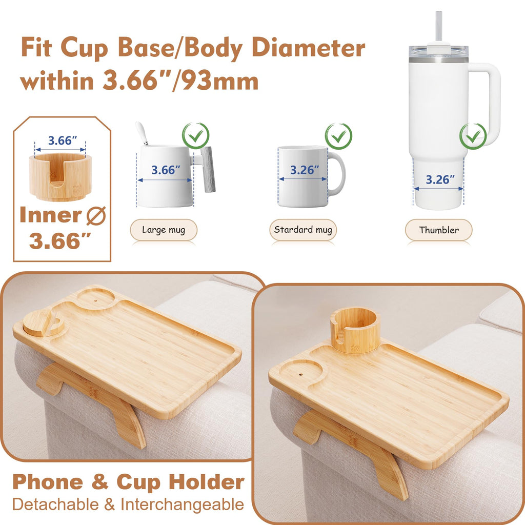 Sofa Arm Tray Linsongmax Large Couch Cup Holder Tray with Rotated Swappable Cup Holder Phone Stand Fit Various Armrest Sofa Side Tables for Living Room,15.36x9.85inch Bamboo Natural