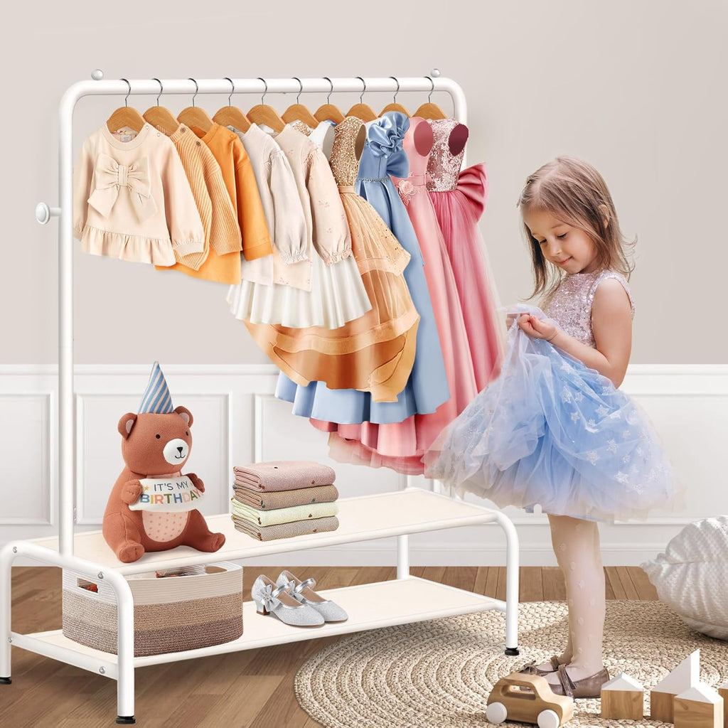 Skiennix Kids Clothing Rack - Mini Freestanding Dress Up Organizer with 2 Fabric Shelves - Toddler Closet Solution